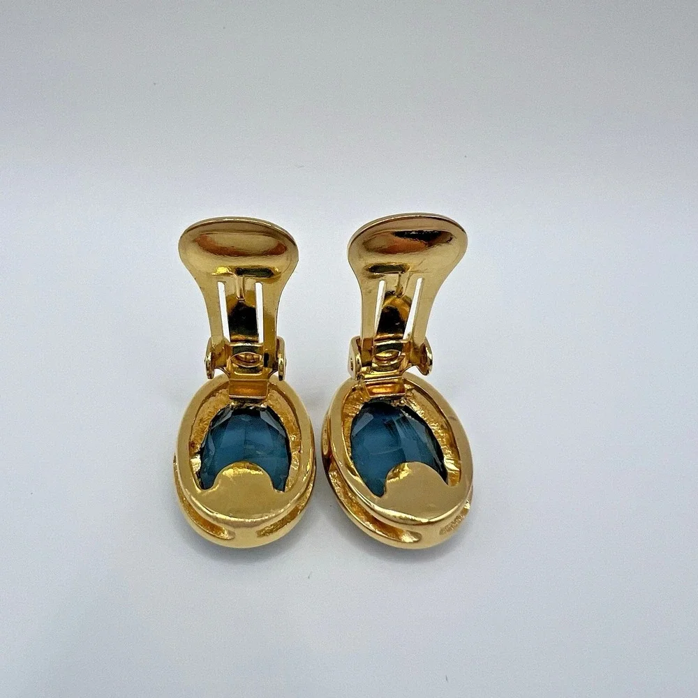 Christian Dior Earrings London Blue Open Bezel Crystal Oval Gold Plated Clip Vtg